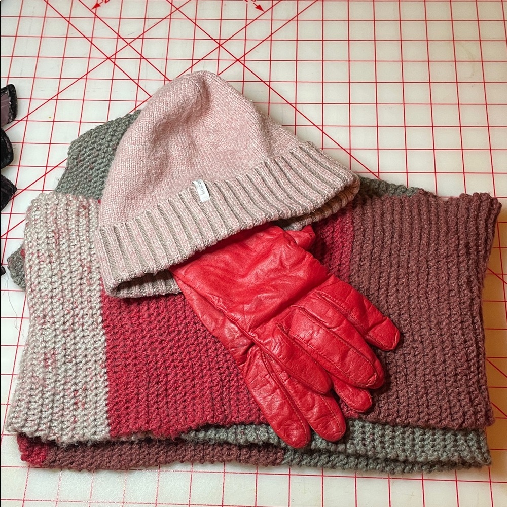 Red Leather Gloves with Pink Beanie and Knit Scarf - Picture 2 of 4